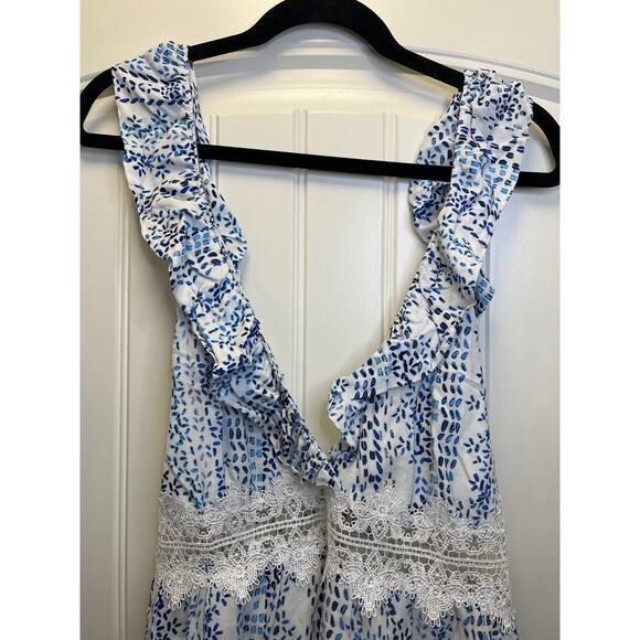 NWT En Crème Women’s‎ Ruffle Sleeveless Print Lace Romper Size M White Blue - Picture 2 of 9